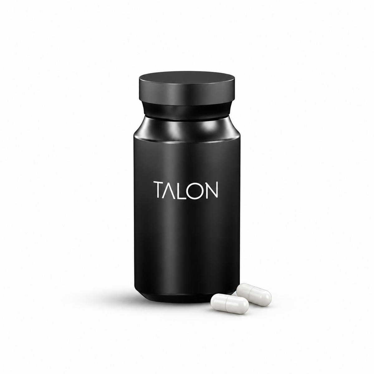 Black TALON bottle with two white capsules on a white background