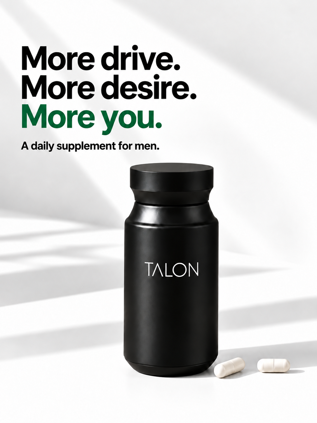 Black TALON bottle with two white capsules on a white background