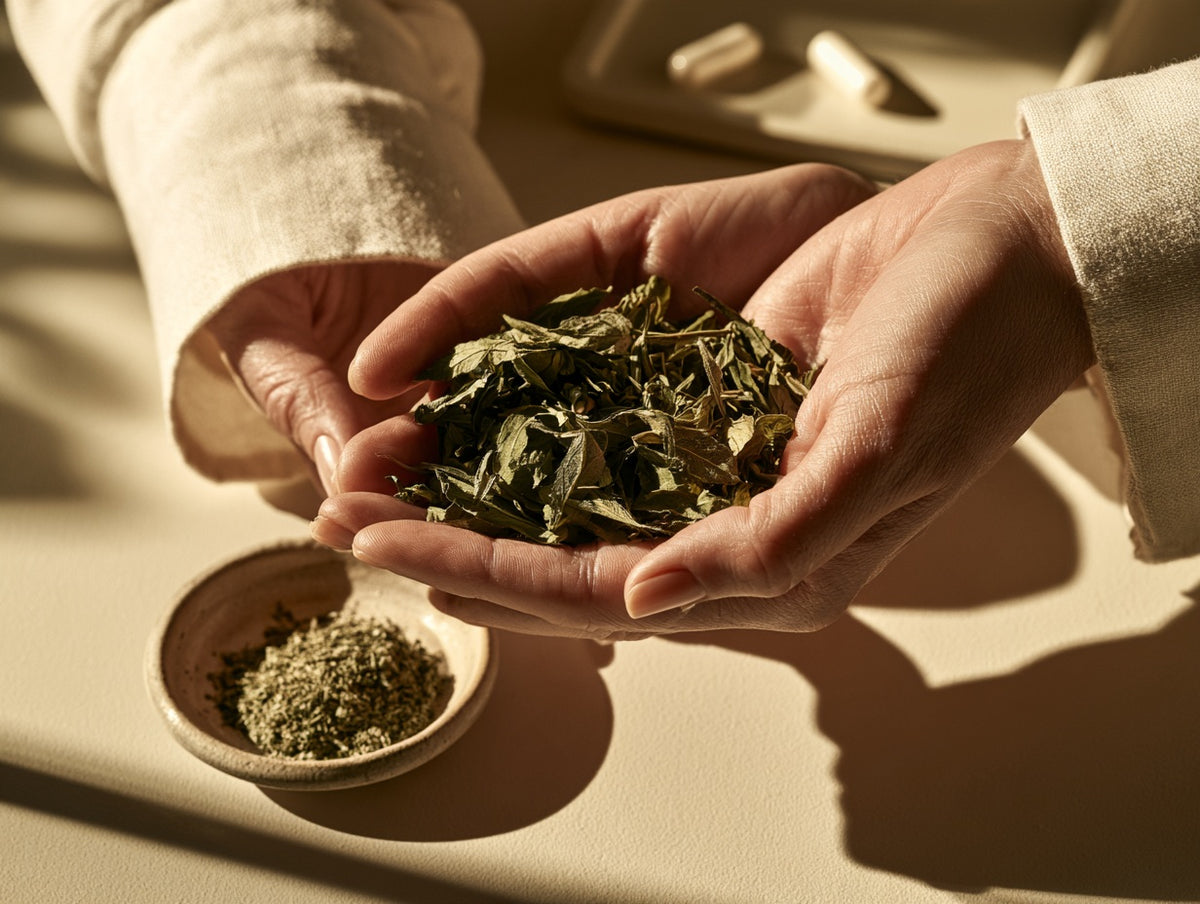Hands holding dried botanical leaves