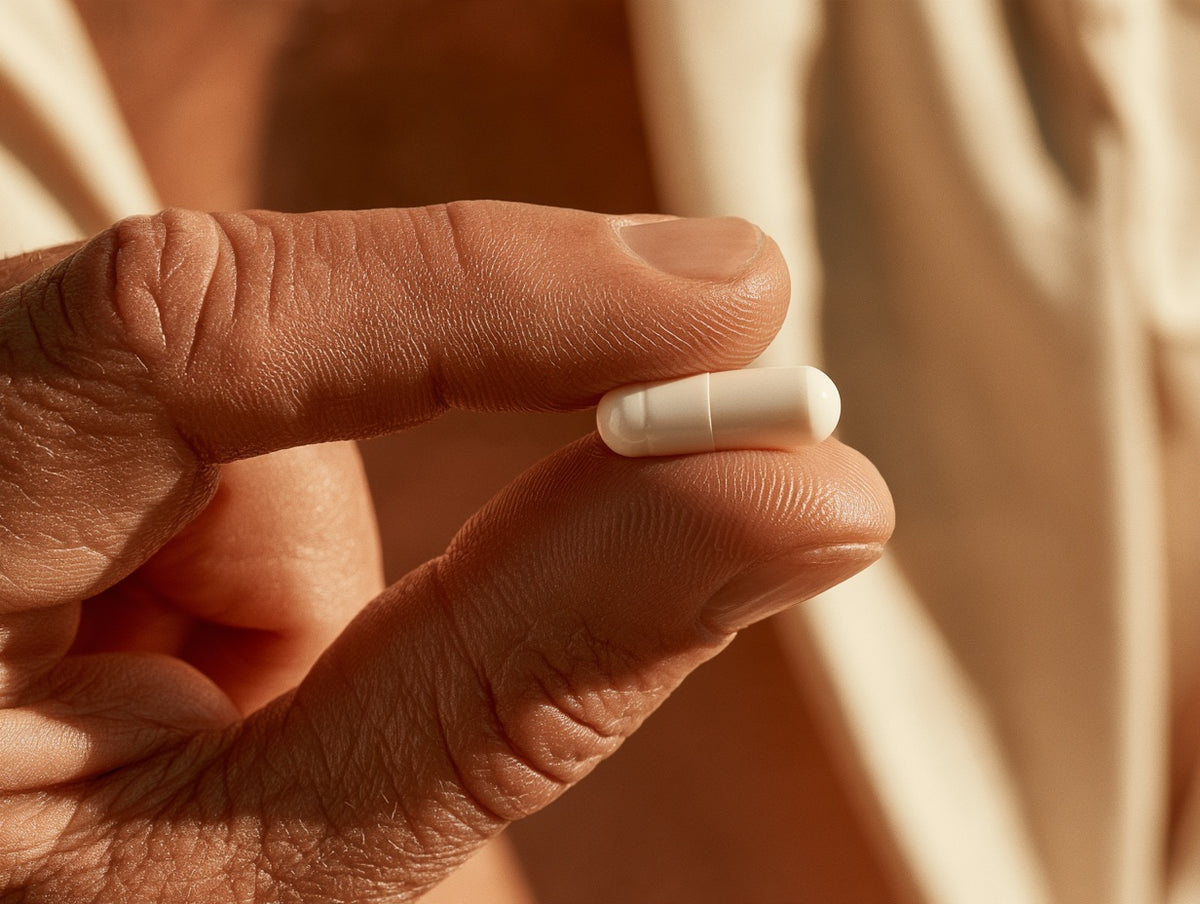 A white capsule held between fingertips